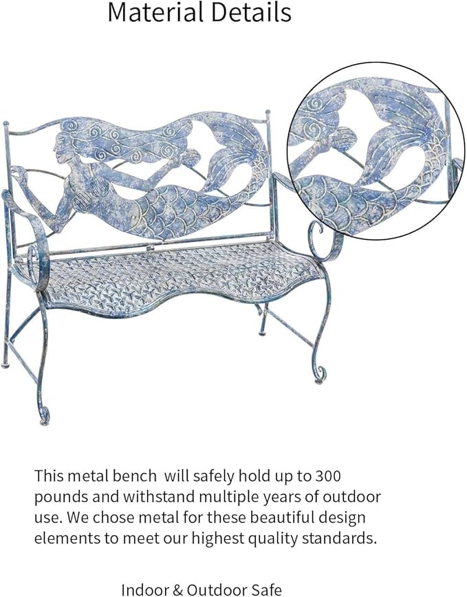 Evergreen Garden Mermaid Garden Bench Outdoors & Indoors | Cast Iron Metal Patio Bench | Outdoor Seating Furniture | Seats for Park, Porch, Deck, Yard