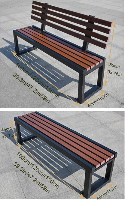 39.3in/47.2in/59 in Outdoor Garden Bench Patio Park Bench, 2-3 Person Porch Benches Solid Wood Slat Leisure Seats, Zinc Alloy Frame Metal Bench with backrest, for Lawn Porch Backyard Furniture