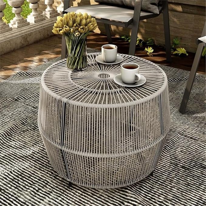 Round Outdoor Coffee Table, PE Wicker and Metal Frame, Weatherproof Gray Finish, 21.7 in Diameter - Photo 8