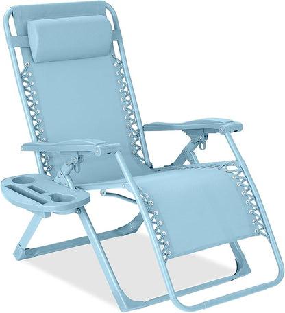 Best Choice Products Adjustable Zero Gravity Chair, Monochromatic Color Folding Patio Recliner w/Side Tray, Headrest - Sky