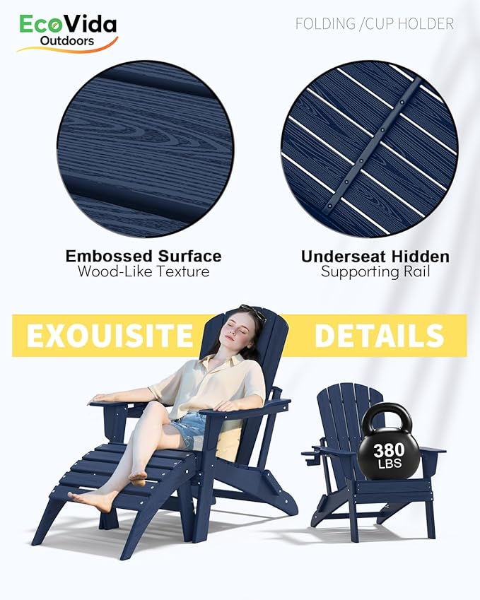 Upgraded Folding Adirondack Chair with All-Weather Cup Holder-EcoVida, Premium Wood Grain Texture, HDPE Waterproof - Photo 6