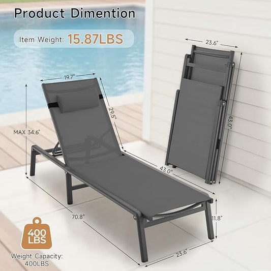 ONBRILL 2 PCS Chaise Lounge Chair Outdoor, Foldable & Assembly Free Outdoor Lounge Chair with 5 Position Adjustable Backrest, Aluminum Pool Lounge Chairs for Outside Poolside Patio Beach Lawn, Grey