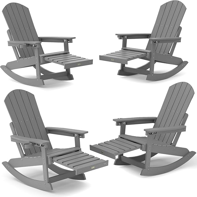 YEFU Rocking Chairs Outdoor Set of 4, Adirondack Chairs with Retractable Ottoman, Adjustable Adirondack Rocking Chair,Rockings Chair Outside,Weather Resistant,for Patio,Porch,Lawn,Heavy Duty,Grey