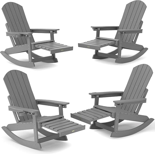 YEFU Rocking Chairs Outdoor Set of 4, Adirondack Chairs with Retractable Ottoman, Adjustable Adirondack Rocking Chair,Rockings Chair Outside,Weather Resistant,for Patio,Porch,Lawn,Heavy Duty,Grey