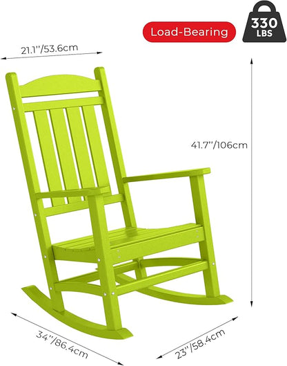 Costaelm Oversized Outdoor Rocking Chair, High Back Porch Rocker Chair, HDPE All Weather Resistant Outdoor Seating Furniture Wide Rocker Chair for Patio, Lawn, Garden, Lime