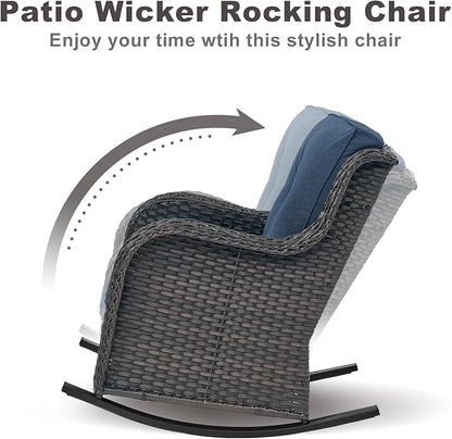 Rilyson Patio Chairs Outdoor Rocking Chair - 3 Piece Wicker Patio Bistro Set Rattan Patio Furniture Rocker Chairs and Side Table for Porch Deck Backyard Garden(Brown/Blue)