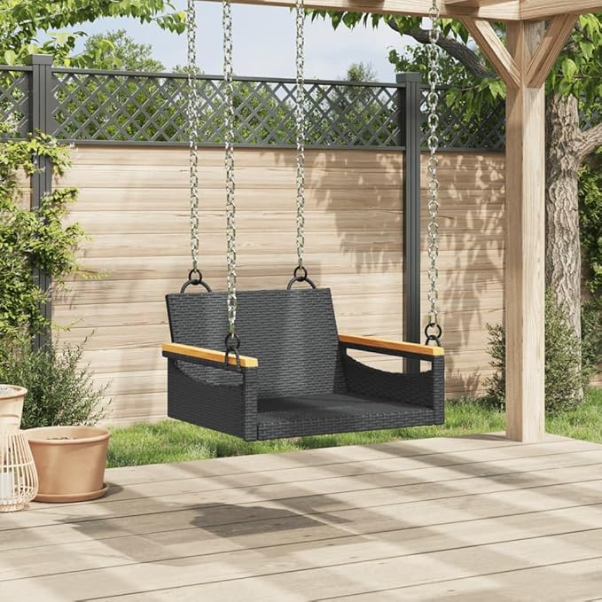 Patio Swing Bench Black, 4-Piece Outdoor Furniture Set with Sturdy Steel Frame and UV-Resistant Poly Rattan for Garden, Balcony, or Patio Relaxation