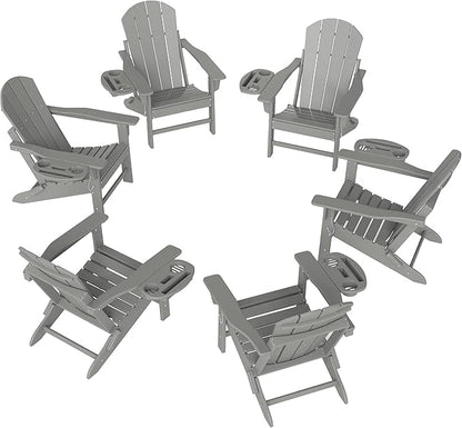FOOWIN Folding Adirondack Chair Set of 6, HDPE Adirondack Chairs with Cup Holder, Weather Resistant Plastic Fire Pit Chairs for Outdoor, Patio, Lawn, Garden, Backyard, Deck, White Grey