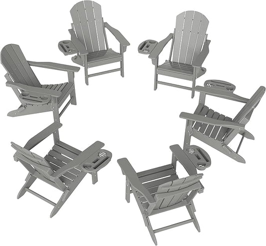 FOOWIN Folding Adirondack Chair Set of 6, HDPE Adirondack Chairs with Cup Holder, Weather Resistant Plastic Fire Pit Chairs for Outdoor, Patio, Lawn, Garden, Backyard, Deck, White Grey