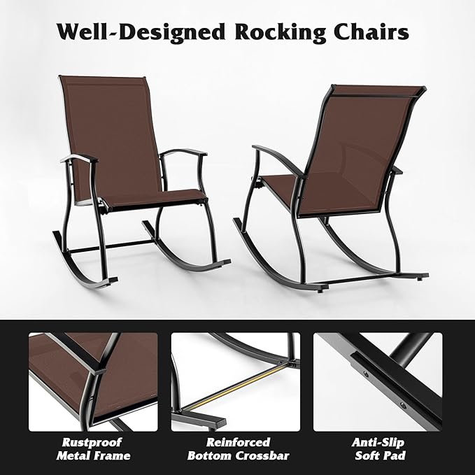 Giantex Outdoor Rocking Chair Set of 4 - Patio Rocking Chairs w/Breathable Backrest, Sturdy Metal Frame & Safe Ergonomic Design, Cozy Fabric Rocker for Backyard, Poolside, 330 lbs, Brown