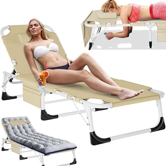 Slsy Folding Lounge Chairs Outdoor, Adjustable Sleeping Cot Chair, Portable Folding Bed Cot Chaise Lounge Chairs for Outside Beach Lawn Camping Pool Sun Tanning