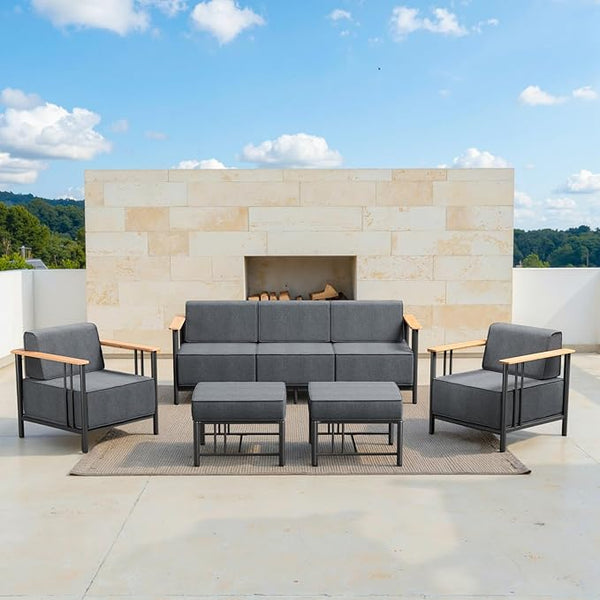 10-inch Thick Cushion Outdoor Furniture Set of 5, Patio Chair Set with Sofa,Wood Grain armrests, trapezoidal backrest - Photo 1