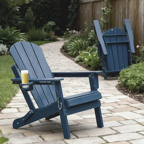 HDPE Folding Adirondack Chair with Cup Holder Outside, Composite Outdoor Chairs with Wood Texture, Blue - Photo 1