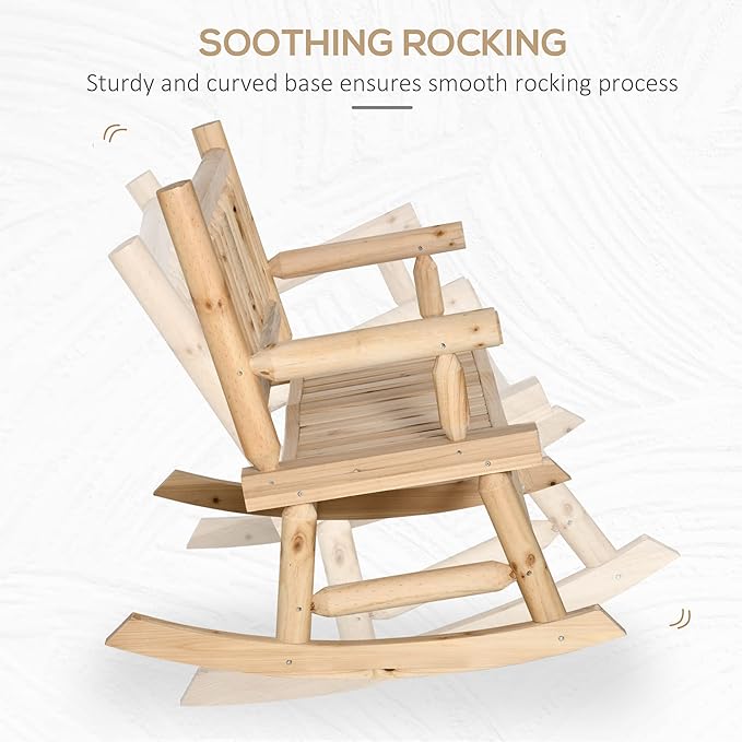 Outsunny 2-Person Wood Rocking Chair with Log Design, Heavy Duty Loveseat with Wide Curved Seats for Patio, Backyard, Garden, Natural