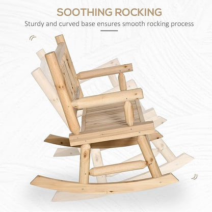 2 Person Wood Rocking Chair with Log Design, Heavy Duty Loveseat with Wide Curved Seats for Patio, Backyard, Garden, Natural