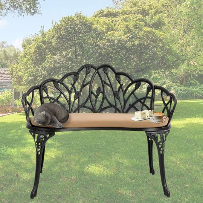 Patio Aluminum Outdoor Bench with Soft Cushion, Garden Metal Loveseat Furniture, Leaf Carving Antique Black Front Porch Chair Seat
