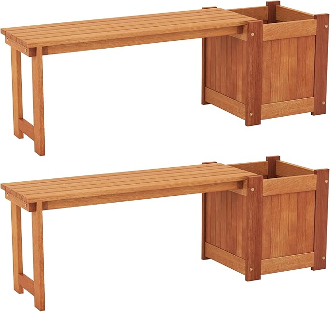 2 Benches with Planter Boxes, 2 in 1 Wooden Flower Box Kit with Seat, Open-Ended Base & Slotted Construction - Photo 1