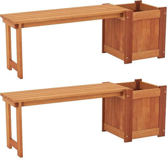 2 Benches with Planter Boxes, 2 in 1 Wooden Flower Box Kit with Seat, Open-Ended Base & Slotted Construction, Outdoor Plant Container for Garden, Yard, Balcony (Natural)