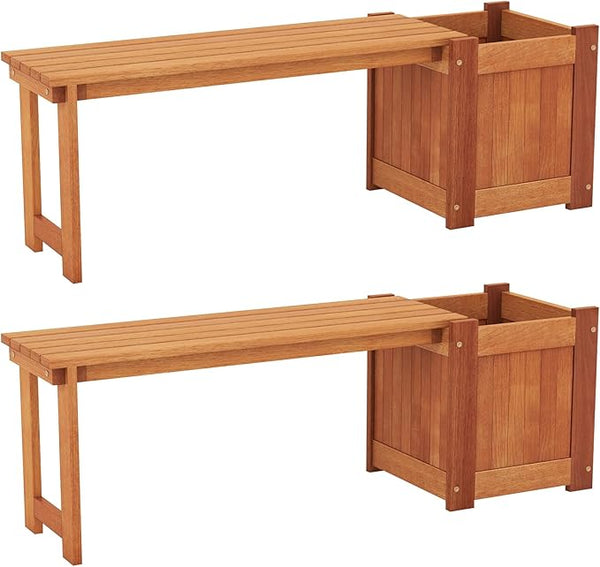 2 Benches with Planter Boxes, 2 in 1 Wooden Flower Box Kit with Seat, Open-Ended Base & Slotted Construction - Photo 1