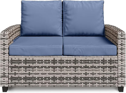 Outdoor Patio Loveseat, All-Weather Outdoor Wicker Sofa with Comfy Cushions, Patio Furniture Set 2 Person Couch, High Back Rattan Couch for Garden, Balcony, and Deck- Blue