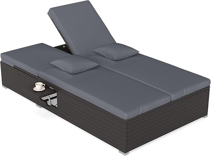 RELAX4LIFE Rattan Outdoor Patio Daybed - Wicker Double Chaise Lounge Chair w/6-Position Backrest, Folding Side Trays - Photo 1