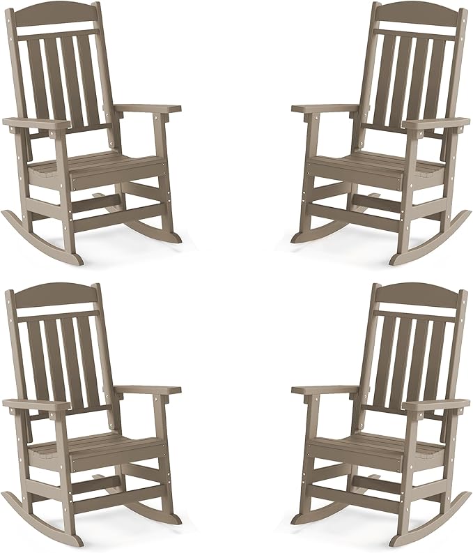 FOOWIN Outdoor Rocking Chair Set of 4, High Back Patio Rocking Chair, HDPE All Weather Resistant Porch Rocker for Adult, Oversized Rocking Chairs for Garden, Lawn, Indoor & Outdoor Use, Brown