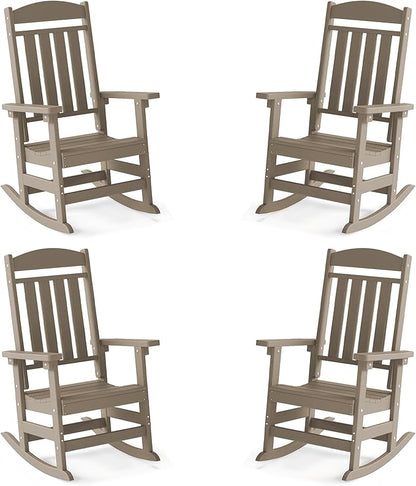 FOOWIN Outdoor Rocking Chair Set of 4, High Back Patio Rocking Chair, HDPE All Weather Resistant Porch Rocker for Adult, Oversized Rocking Chairs for Garden, Lawn, Indoor & Outdoor Use, Brown