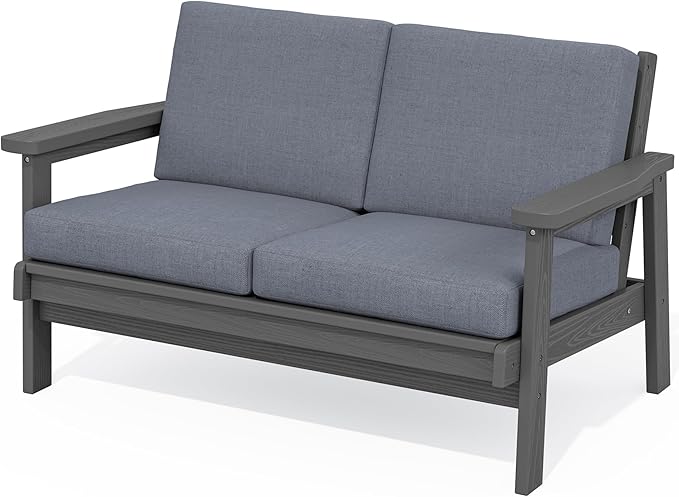 SERWALL HDPE Outdoor Patio Loveseat, Grey Frame and Grey Cushion - Photo 1