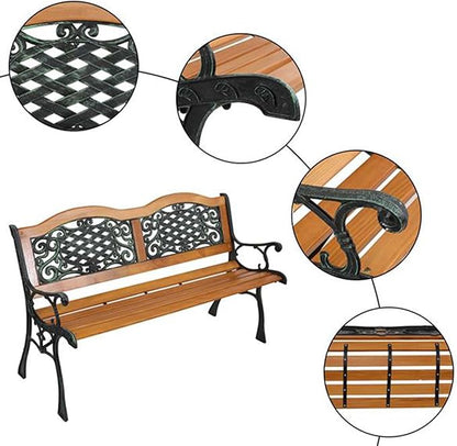 LICOME 49" Garden Bench Outdoor Bench Patio Bench,Cast Iron Metal Frame Patio Park Bench with Floral Pattern Backrest,Arch Legs for Porch,Lawn,Yard(Style1)