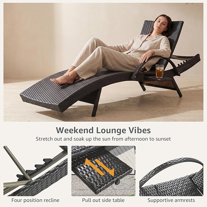 Set of 6 Dark Brown Outdoor Chaise Lounge Chairs, Wicker Patio Lounge Chairs with Adjustable Backrest and Armrests, Durable PE Rattan Pool Chair for Patio, Poolside and Garden