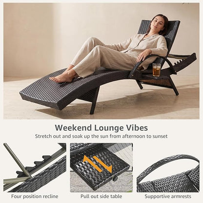Set of 6 Dark Brown Outdoor Chaise Lounge Chairs, Wicker Patio Lounge Chairs with Adjustable Backrest and Armrests, Durable PE Rattan Pool Chair for Patio, Poolside and Garden