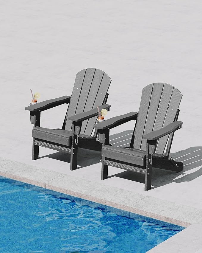 Folding Adirondack Chair Set of 2, All-Weather HDPE Outdoor Chair, Wooden Textured with Cup Holder for patios, Decks, Gardens, fire pits, Grey