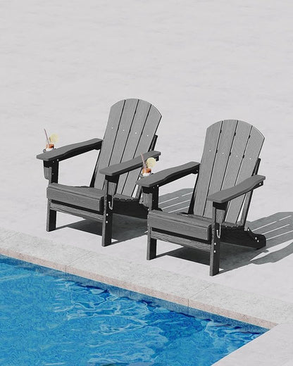 Garvee Folding Adirondack Chair, HDPE Outdoor Patio Chair with Cup Holder, All Weather Resistent Wooden Textured for patios, Decks, Gardens, fire Pit, Grey