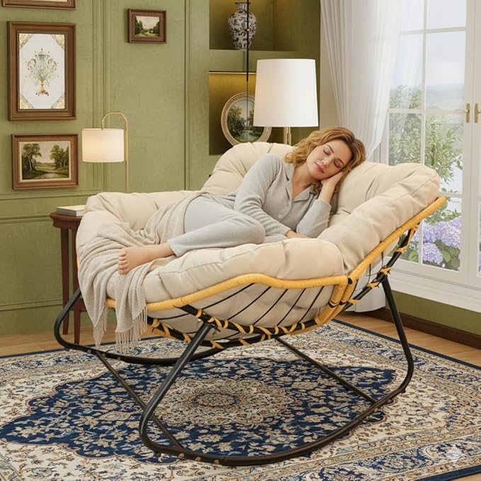FLEXISPOT Papasan Rocking Chair with Thick Cushion, Indoor Outdoor Lounge Accent Chair with Sturdy Metal Frame Base, Cozy Reading Rocker for Living Room, Bedroom, Balcony-Beige