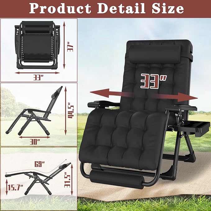 Oversized Zero Gravity Chair with Cushion XXL, 33In Padded Lounge Chair, Recliner Camping Chair W/Full-Alu Alloy Lock - Photo 3