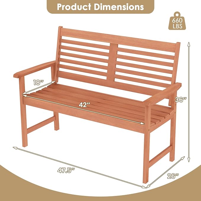 Byroce 2-Person Outdoor Bench, Solid Wood Patio Loveseat with Comfy Backrest & Armrest, Heavy Duty Garden Bench for Outdoors Backyard, Park, Balcony & Front Porch, Teak Oil Rubbed (Horizontal Slat)