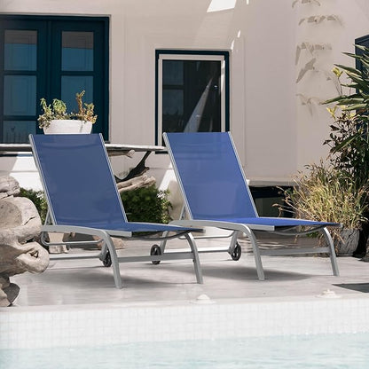 Domi Pool Lounge Chairs Set of 2, Adjustable Aluminum Outdoor Chaise Lounge with Wheels Patio Lounge Chairs, All Weather for Deck Lawn Poolside Backyard-Navy Blue Textilene