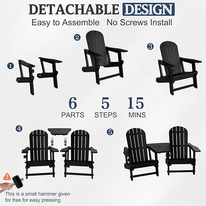 Vongrasig Adirondack Chairs Set of 2 with Removable Tabletop, All-Weather HDPE Outdoor Chair Set with Wooden Textured, Cup Holder for Patio, Poolside, Deck, Garden, Black