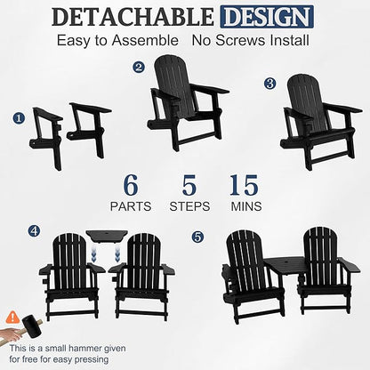 Vongrasig Adirondack Chairs Set of 2 with Removable Tabletop, All-Weather HDPE Outdoor Chair Set with Wooden Textured, Cup Holder for Patio, Poolside, Deck, Garden, Black
