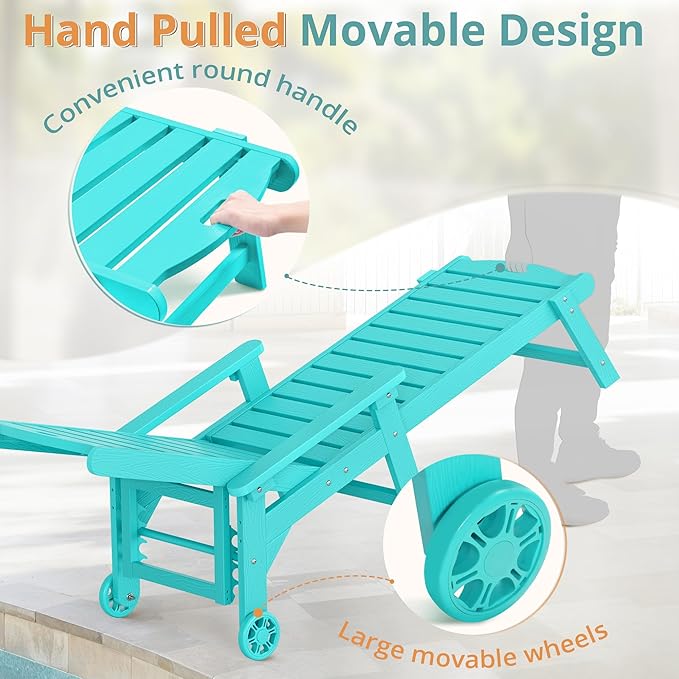 LUE BONA Lounge Chair Outdoor with Table, 2-Piece, HDPS Chaise Lounge Outdoor with Wheels, 5 Positions Adjustable Pool Lounger Chairs for Outside, Patio, Aruba Blue