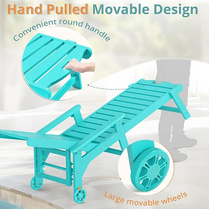 LUE BONA Lounge Chair Outdoor with Table, 2-Piece, HDPS Chaise Lounge Outdoor with Wheels, 5 Positions Adjustable Pool Lounger Chairs for Outside, Patio, Aruba Blue
