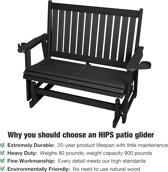 HIPS Patio Glider Two-Seat with Cup Holders, Durable HIPS Material, All-Weather Resistant - Photo 4