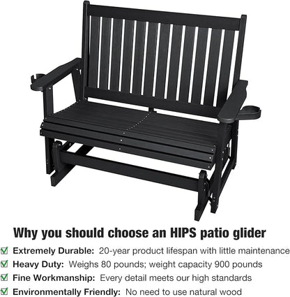 HIPS Patio Glider Two-Seat with Cup Holders, Durable HIPS Material, All-Weather Resistant, High Backrest and Deep Contoured Seat, Heavy Duty 900 LB, for Outdoor, Porch, Patio (Vanta Black)