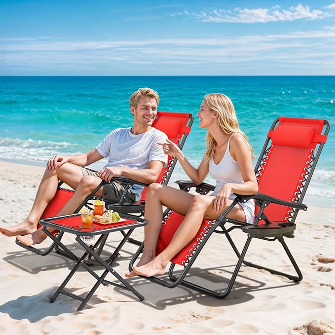 Magshion Folding Zero Gravity Chairs Set of 2, Outdoor Reclining Camping Chairs, Patio Lounge Recliners with Side Table & Cup Holder Tray, Red