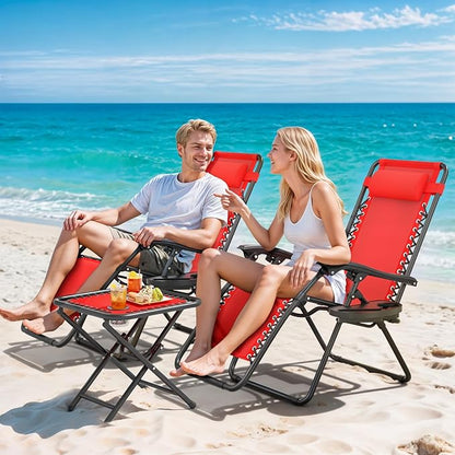 Magshion Folding Zero Gravity Chairs Set of 2, Outdoor Reclining Camping Chairs, Patio Lounge Recliners with Side Table & Cup Holder Tray, Red