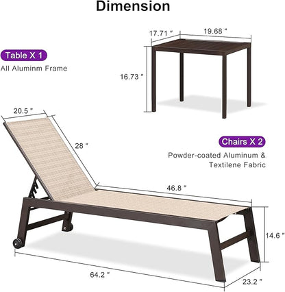 PURPLE LEAF Outdoor Chaise Lounge Chair Set of 2, Patio Pool Textilene Loungers with Adjustable Backrest and Wheels, Includes Side Table for Deck, Lawn, Garden, Light Tan