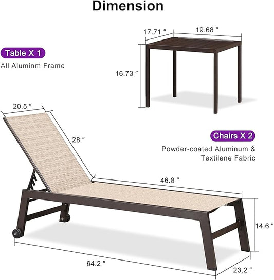 PURPLE LEAF Outdoor Chaise Lounge Chair Set of 2, Patio Pool Textilene Loungers with Adjustable Backrest and Wheels, Includes Side Table for Deck, Lawn, Garden, Light Tan