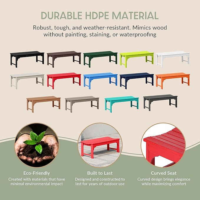 WestinTrends Malibu Outdoor Bench, All Weather Resistant Poly Lumber Backless Patio Garden Bench, Adirondack Curved Bench Seat for Comfort, Red