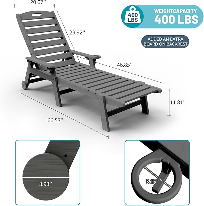 Outdoor Lounge Chairs, 78'' Long Patio Lounge Chair HDPE 5-Position Adjustable with Cup Holder & Rolling Wheels, Pool Lounge Chair for Sunbathing Tanning, Deck, Poolside -Grey