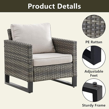 Wicker Outdoor Patio Furniture Set - 5 Piece Patio Conversation Set with 2 Wicker Armrest Chairs,2 Rattan Ottoman and 1 Metal Side Table for Outside Porch Deck Backyard Garden(Mixed Grey/Beige)